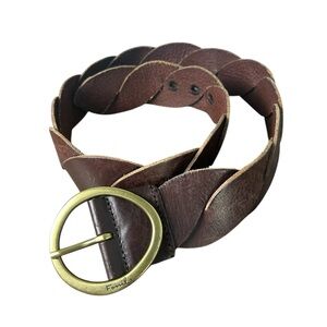 Fossil Brown Braided Leather Belt Brass Round Buckle  Size M